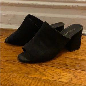 Black vegan suede mule block heel sandals wide